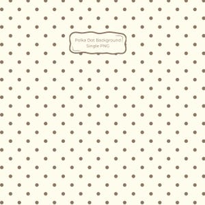 May include: A digital graphic pattern featuring a repeating arrangement of small, solid brown circles set against a light cream-colored background. Centered in the upper portion is a rectangular label with the text Polka Dot Background Single PNG.