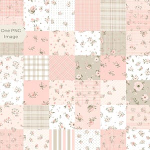 May include: A collection of fabric squares featuring diverse patterns. The designs incorporate floral prints, polka dots, plaid, and stripes in pink, beige, and white hues. The image includes the text "One PNG Image".