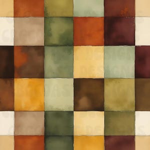 May include: A square pattern design featuring a grid of colourful squares. The squares are in shades of brown, green, orange, and yellow, with a watercolour effect. The words "DESIGN" and "DAS" are visible in the image.