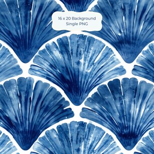 May include: A repeating pattern of blue watercolor fan-shaped shells on a white background. A central white label contains the text 16 x 20 Background Single PNG. The design features varying shades of blue with visible brushstroke textures.