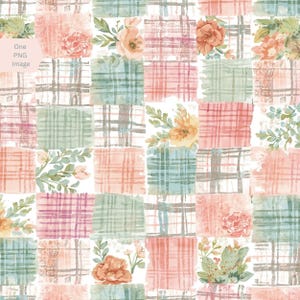 Cottage Floral Patchwork Plaid Sage Pink Watercolor PNG Background