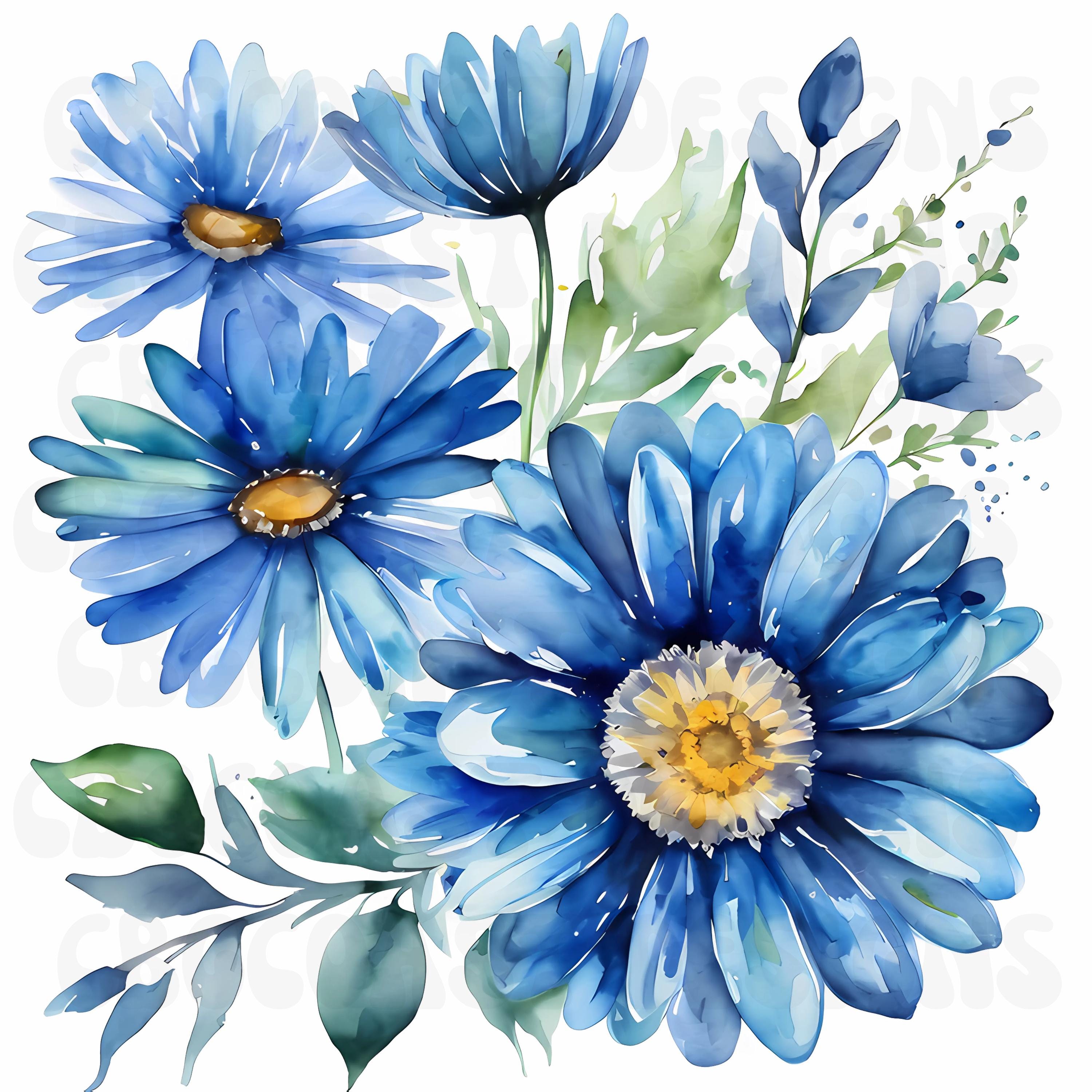 青いデイジーの水彩画風の花柄背景PNG - Etsy 日本