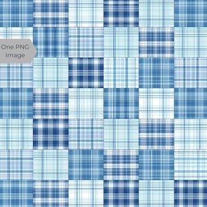 May include: A patchwork design featuring various blue plaid patterns. The squares are in shades of light blue, medium blue, and navy, creating a cohesive and visually appealing arrangement. The image includes the text "One PNG Image".
