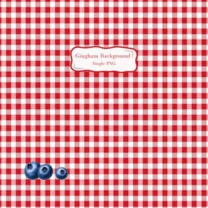 Può includere: Uno sfondo a motivo a quadretti rosso e bianco con il testo "Gingham Background Single PNG" in una forma bianca e rossa. Tre mirtilli si trovano nell'angolo in basso a sinistra.