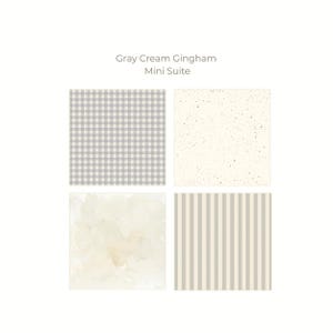 May include: A square image featuring four different fabric patterns. The patterns include gray and cream gingham, a cream speckled design, a watercolor wash, and cream vertical stripes. The text "Gray Cream Gingham Mini Suite" is at the top.