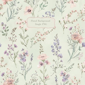 May include: A seamless floral pattern featuring watercolor-style flowers in shades of pink, purple, and green on a light green background. The text "Floral Background Single PNG" is displayed in a decorative frame.
