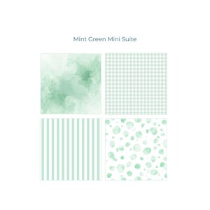 May include: A square image featuring four mint green patterns. The patterns include watercolor washes, gingham checks, vertical stripes, and scattered polka dots. The text "Mint Green Mini Suite" is at the top. The overall design is clean and fresh.