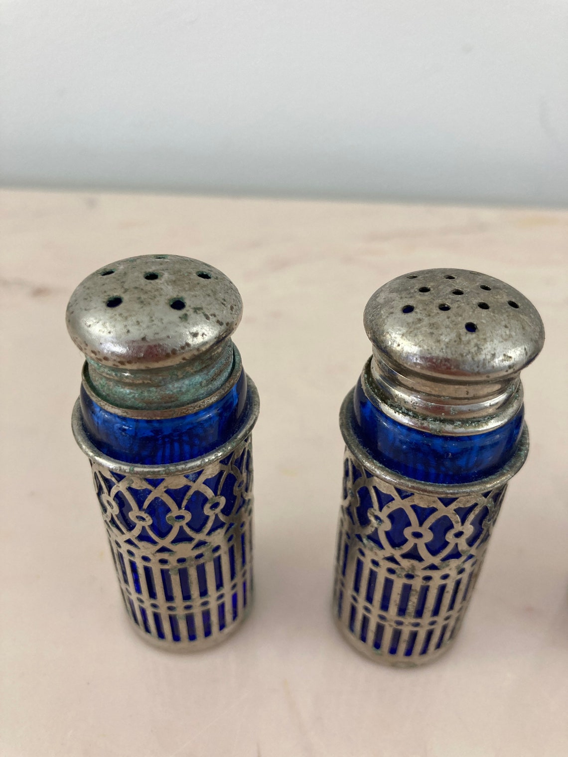 Blue Cobalt Vintage Glass and Silver Salt and Pepper Shakers Etsy
