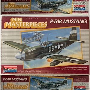 May include: Several P-51B Mustang model airplane kits. The boxes feature images of the olive drab and clear fighter planes with white stars and the text "Mini Masterpieces". The kits are for ages 8 and up.