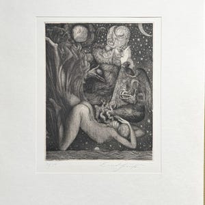 May include: Black and white etching print depicting a celestial scene. A figure with a crown and ornate clothing holds an eagle. A nude figure reclines below. The print is framed and numbered 3/50. Signed by Ernst Fuchs.