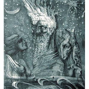 May include: A detailed black and white illustration depicting a bearded figure with a crown-like head, a woman, and a horse-like creature. The scene is set against a starry sky with a crescent moon. The artwork has a vintage, engraved style.