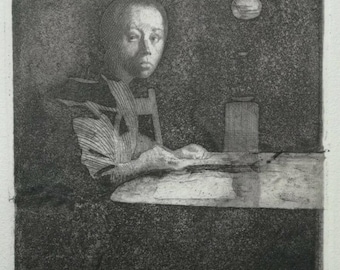 Käthe Kollwitz “Autoritratto al tavolo” – acquaforte originale, firmata – grafica espressionista