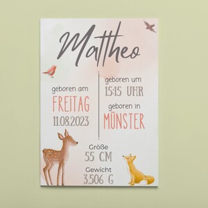Poster di nascita personalizzato Animali della foresta Grafico di nascita come poster per il download immediato + stampa tu stesso per gli amanti della foresta dei bambini