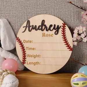 Baseball Baby Birth Stat Sign, Baseball Nursery Sign, Newborn Nursery Round Name Sign, Custom Wooden Birth Stat Sign Gift, Baby Announcement