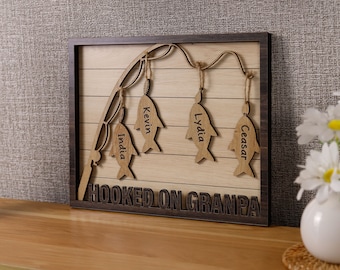 Custom Fishing Rod Wooden Sign with Kids Names, Grandpa Gift, Papa Fishing Sign