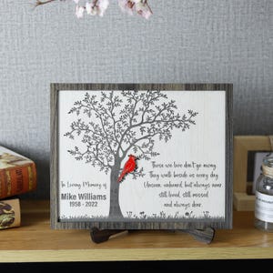 May include: A wooden plaque with a gray background and a laser-cut tree design. A red cardinal bird is perched on a branch. The plaque has the text "In Loving Memory of Mike Williams 1958-2022" and a poem about those we love.