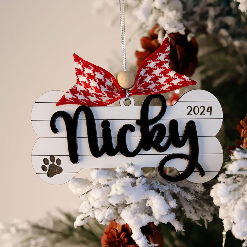 Custom Dog Name Bone Ornament With Bowtie, Cute Pet Ornament, 2024 Dog