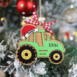 Personalized Tractor Christmas Wooden Ornament, Rustic Wooden Tractor Christmas ornament, Tractor Santa Hat, Farmer Gift Farmhouse Decor