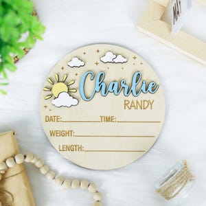 Sun & Cloud Baby Announcement Sign, Cloud Baby Birth Stats Sign, Wooden Baby Name Sign Newborn Gift, Nursery Photo Prop Decor 3D Hospital