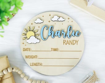 Sun & Cloud Baby Announcement Sign, Cloud Baby Birth Stats Sign, Wooden Baby Name Sign Newborn Gift, Nursery Photo Prop Decor 3D Hospital