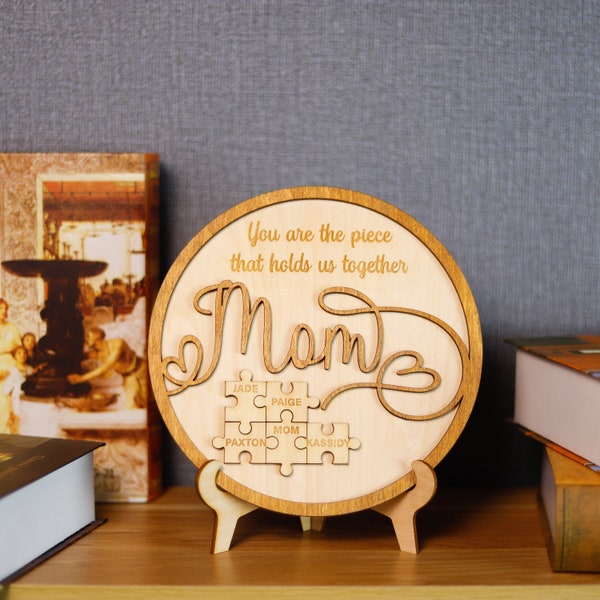 Personalized Mom Puzzle Piece Round Sign, Mothers Day Mom Puzzle Sign, Engraved Mom Wood Sign for Mother Mom Grandma, Mom Round Sign Gift