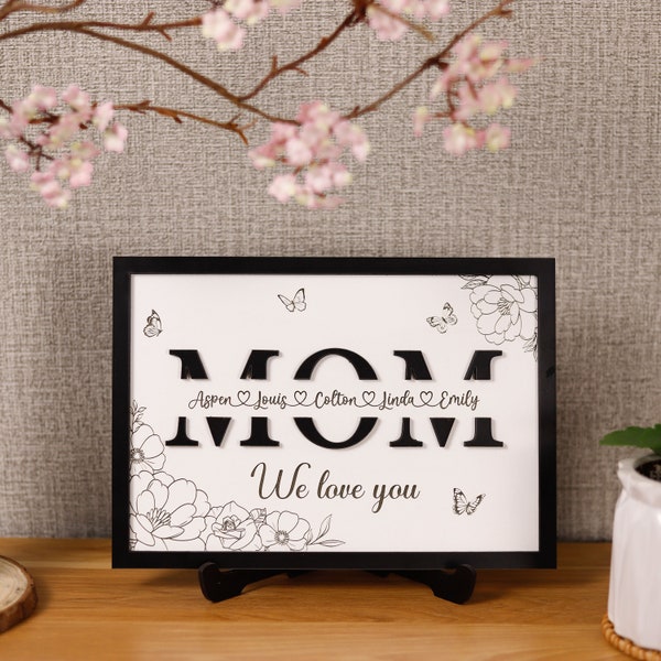 Customized Mom 3D Sign Gift From Kids, Mom We Love You 3D Sign, 3D Laser Cut Frame Sign Personalized Kids Name Plaque 2024 Gift