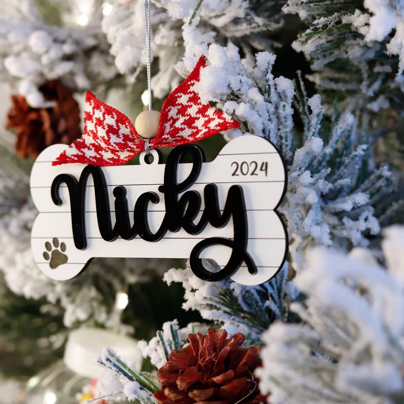 Custom Dog Name Bone Ornament With Bowtie, Cute Pet Ornament, 2024 Dog