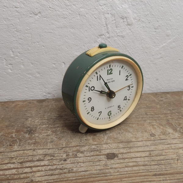 Vintage Soviet Alarm Clock Rostov Repeter Big Metal Green Alarm Clock for parts or repair