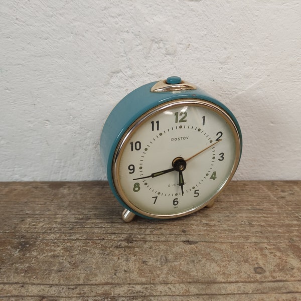Vintage Soviet Alarm Clock Rostov Big Metal Blue Alarm Clock for parts or repair