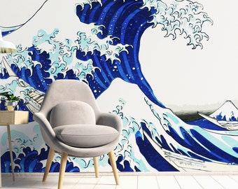 The Great Wave Of Kanagawa by Katsushika Hokusai Wallpaper, The Great Wave Mural, Blue Wallpaper, Wave  Mural, Removable, Peel and stick