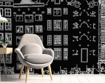 Houses Wallpaper, Houses Mural, Black Mural, Black Wallpaper, Home Decor, Peel and Stick, Removable Wallpaper