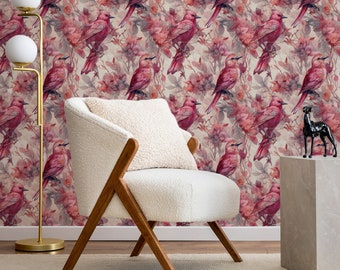 Pink Bird Wallpaper, Pink Wallpaper, Bird Wallpaper, Pink Bird Watercolor Mural, Pink Mural, Wallpaper, Home Decor, Removable Wallpaper