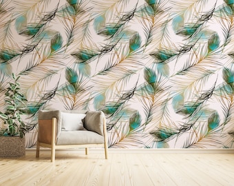 Boho Wallpaper, Feather Wallpaper, Boho Mural, Boho Wall Mural, Green Wallpaper, Wallpaper, Home Decor, Removable Wallpaper