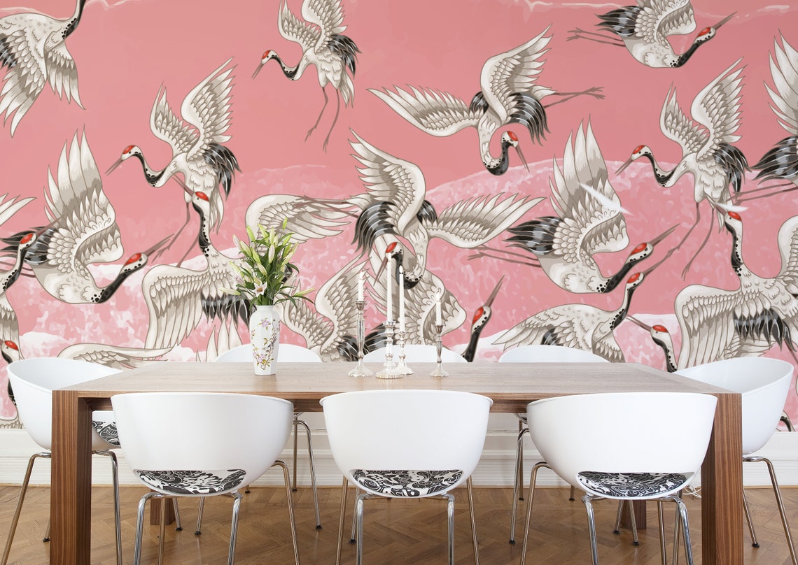 Crane bird Wallpaper Crane Wallpaper Crane Pink Wallpaper | Etsy