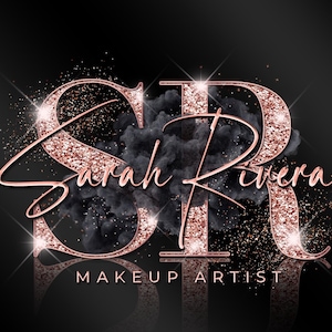 May include: A logo design featuring the name "Sarah Rivera" in elegant cursive script, with the initials "SR" in a glittery rose gold font. The words "MAKEUP ARTIST" are below the name, all set against a dark background.
