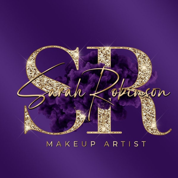 Goud paars aquarel logo, rook logo, schoonheid logo, glitter logo, make-up artiest logo, boetiek logo, haar logo, wimpers logo, nagels logo