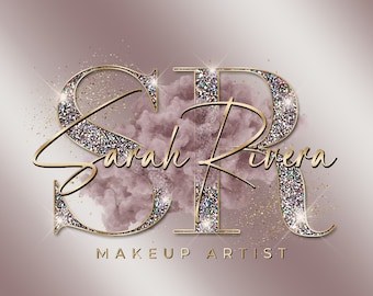 May include: A gold glitter logo with the letters "SR" in a large font, with the text "Sarah Rivera Makeup Artist" below. The letters are outlined in gold and have a pink and white glitter background.