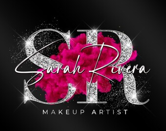 May include: Silver glitter letters "SR" with a pink smoke effect behind them. The text "Sarah Rivera Makeup Artist" is written in cursive below the letters.