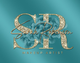 May include: Gold glitter letters "SR" with a gold glitter outline, forming the initials for "Sarah Robinson Makeup Artist" written in cursive script, on a teal background.