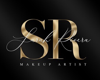 May include: Gold metallic logo with the letters "SR" in a stylized font. The text "Sarah Rivera Makeup Artist" is written in a cursive font below the logo.