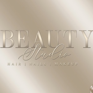 May include: A beauty studio logo in a metallic serif font, with the words "BEAUTY Studio". Below, the text "HAIR | NAILS | MAKEUP" is displayed. The background is a light brown and gold gradient, with a circular logo in the corner.