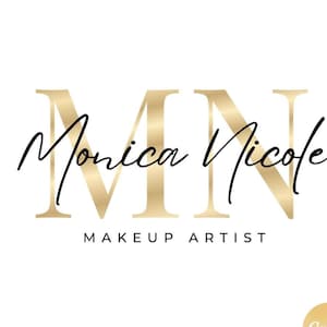 May include: Gold logo with the letters "MN" for Monica Nicole Makeup Artist.