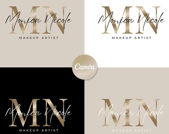 May include: A logo design for a makeup artist named Monica Nicole. The logo features the initials "MN" in gold with a metallic sheen. The text "Monica Nicole" is written in a cursive script below the initials, and the text "MAKEUP ARTIST" is written below the name.