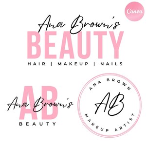 Pink Beauty Logo Template, Hair, Makeup, Nails (Canva Editable, Digital Download)
