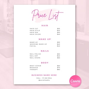Price List Template, Editable Price List, Canva Price List, Pricing List, Beauty Price List, Pink Price List, DIY Price List Flyer Canva