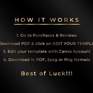 May include: Gold text on a black background reads "HOW IT WORKS" followed by numbered steps: Go to Purchases & Reviews, Download PDF & click on EDIT YOUR TEMPLATE, Edit your template with Canva Account, and Download in PDF, Jpeg or Png formats. "Best of Luck!!!" is at the bottom.