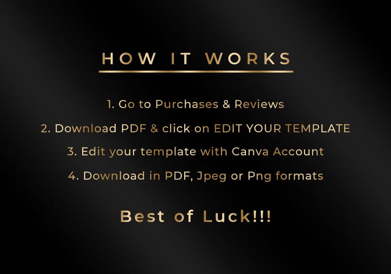 May include: Gold text on a black background reads "HOW IT WORKS" followed by numbered steps: Go to Purchases & Reviews, Download PDF & click on EDIT YOUR TEMPLATE, Edit your template with Canva Account, and Download in PDF, Jpeg or Png formats. "Best of Luck!!!" is at the bottom.