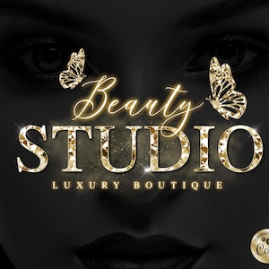 May include: Gold glitter text that reads "Beauty Studio Luxury Boutique" with two gold glitter butterflies on either side of the text.