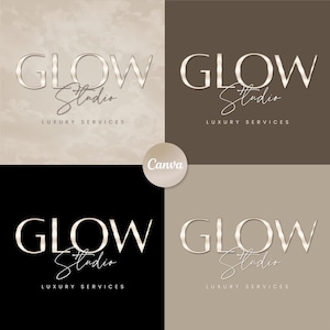 May include: A logo design featuring the word "GLOW" in a metallic, textured font, with "Studio" in a script font underneath. The phrase "LUXURY SERVICES" is below. The design is presented on four different backgrounds: beige, brown, black, and tan.