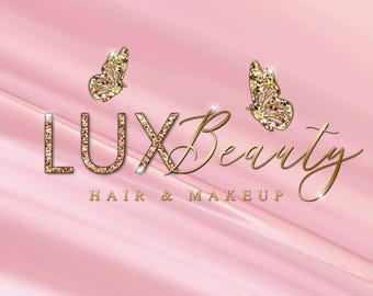 May include: Gold glitter logo with the text "LUX Beauty" and the words "Hair & Makeup" below. Two gold glitter butterflies are on either side of the logo.